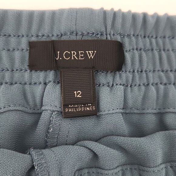 J Crew Reese Crepe Pants Size 12 Blue Green Pull On Elastic Waist Tulip Hem Boho - Picture 3 of 8